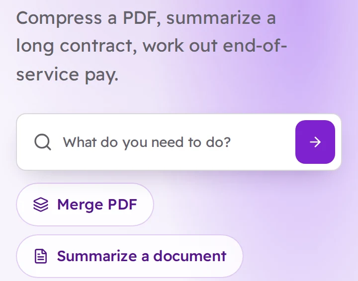 The Free Tools Hub home: a search field asking what you want to do, four shortcuts (merge PDF, summarize a document, net-salary calculator, Hijri date converter), and three trust notes about the tools.